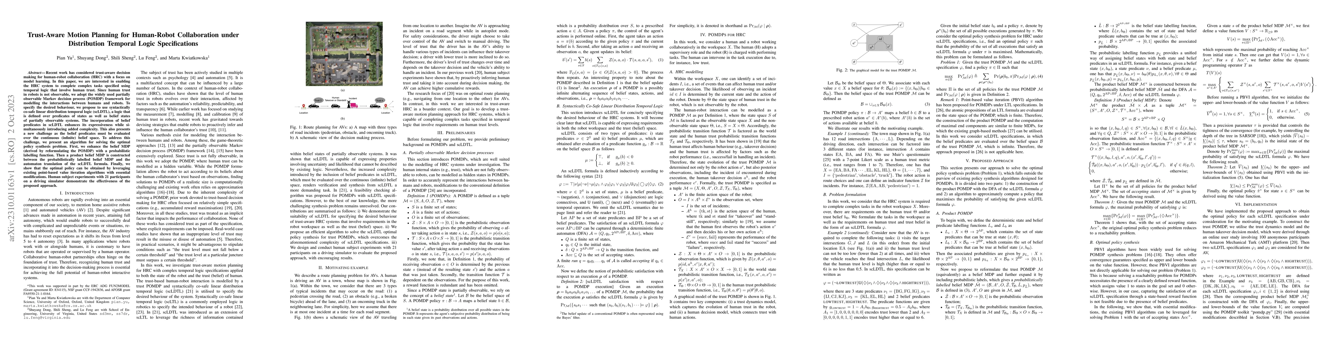 Thumbnail for Trust-Aware Motion Planning for Human-Robot Collaboration under
  Distribution Temporal Logic Specifications