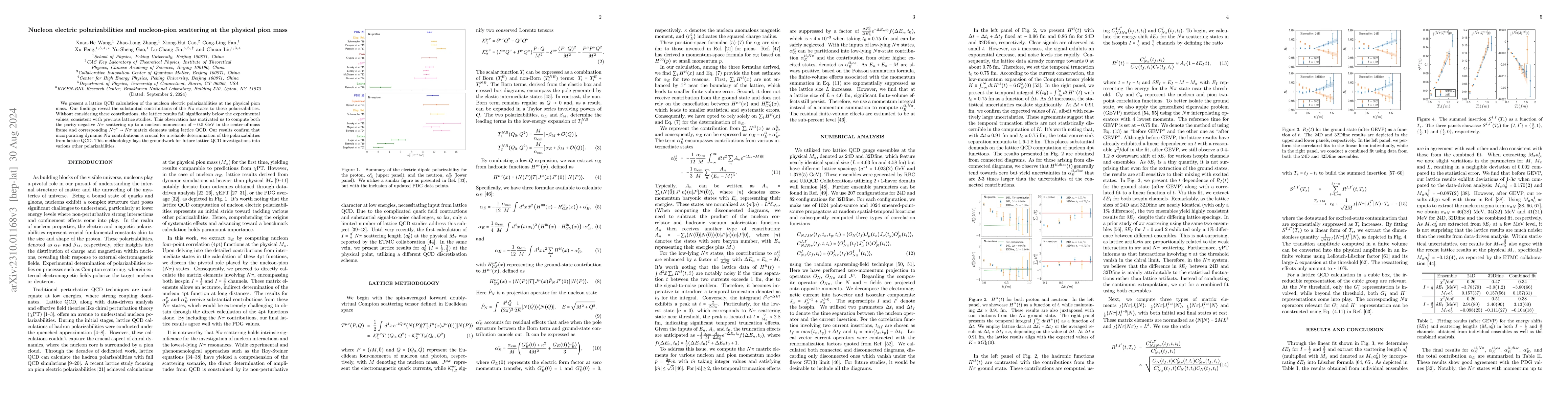 Thumbnail for Nucleon electric polarizabilities and nucleon-pion scattering at
  physical pion mass