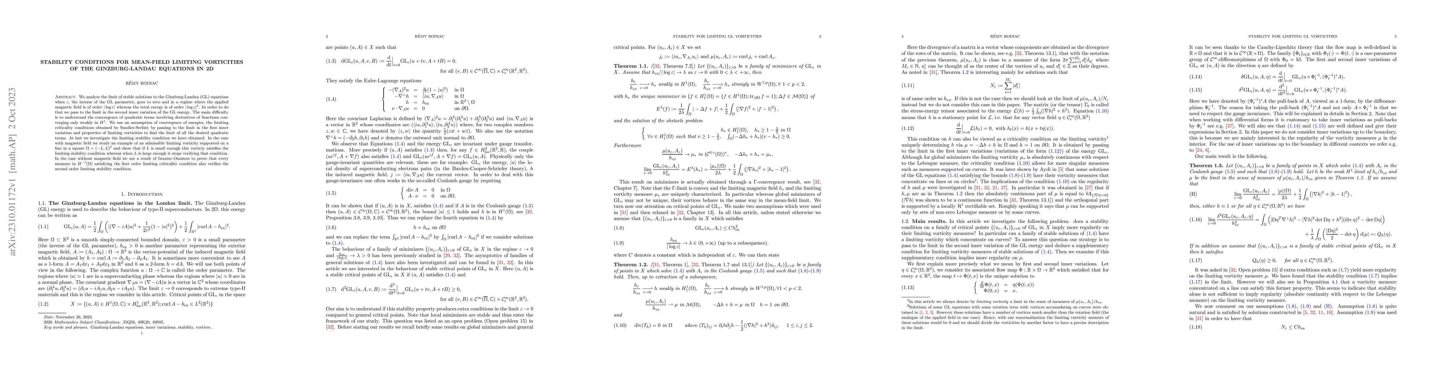 Thumbnail for Stability conditions for mean-field limiting vorticities of the
  Ginzburg-Landau equations in 2D