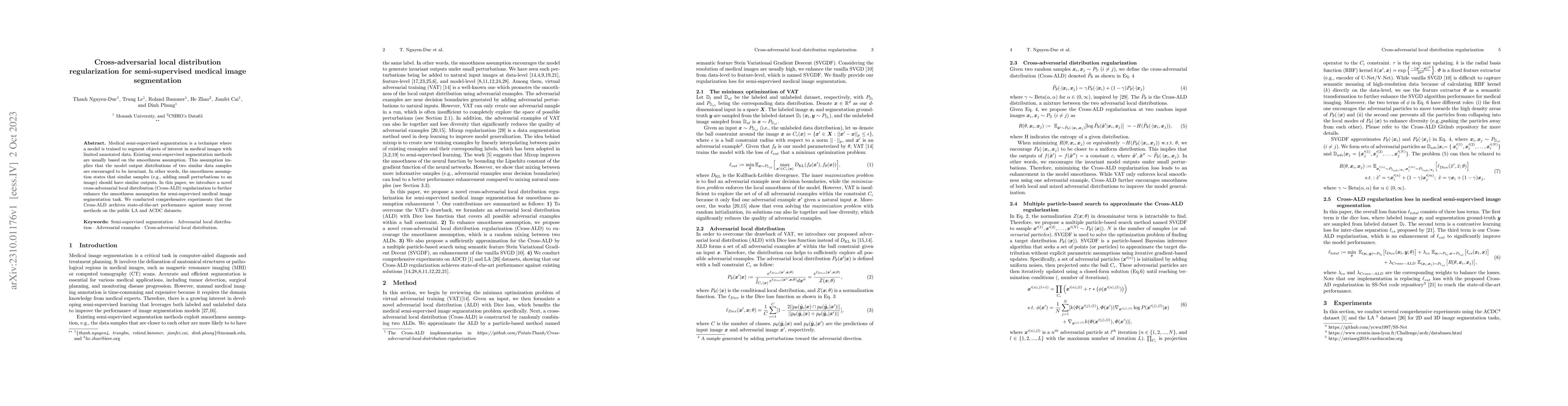 Thumbnail for Cross-adversarial local distribution regularization for semi-supervised
  medical image segmentation