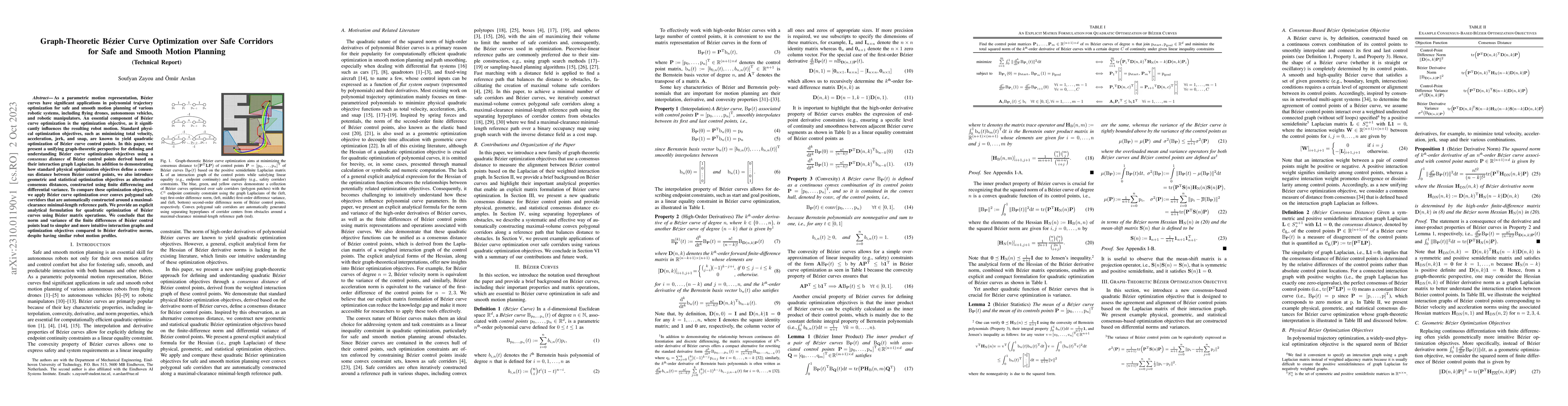 Thumbnail for Graph-Theoretic B\'ezier Curve Optimization over Safe Corridors for Safe
  and Smooth Motion Planning