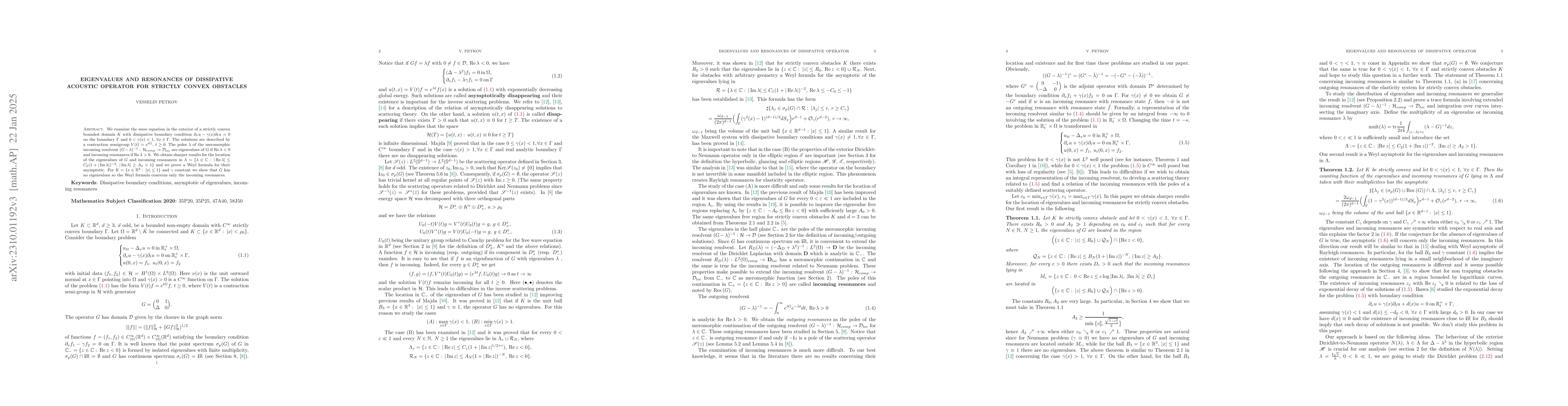 Thumbnail for Eigenvalues and resonances of dissipative acoustic operator for strictly
  convex obstacles