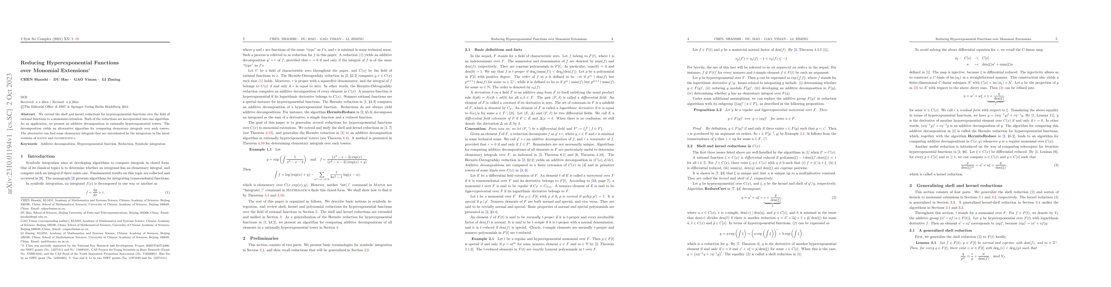 Thumbnail for Reducing Hyperexponential Functions over Monomial Extensions