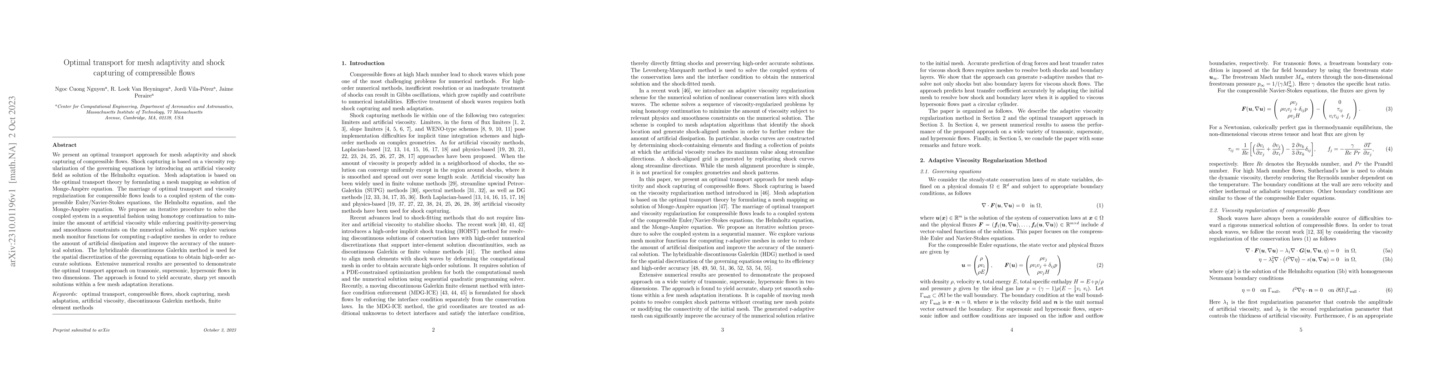 Thumbnail for Optimal transport for mesh adaptivity and shock capturing of
  compressible flows