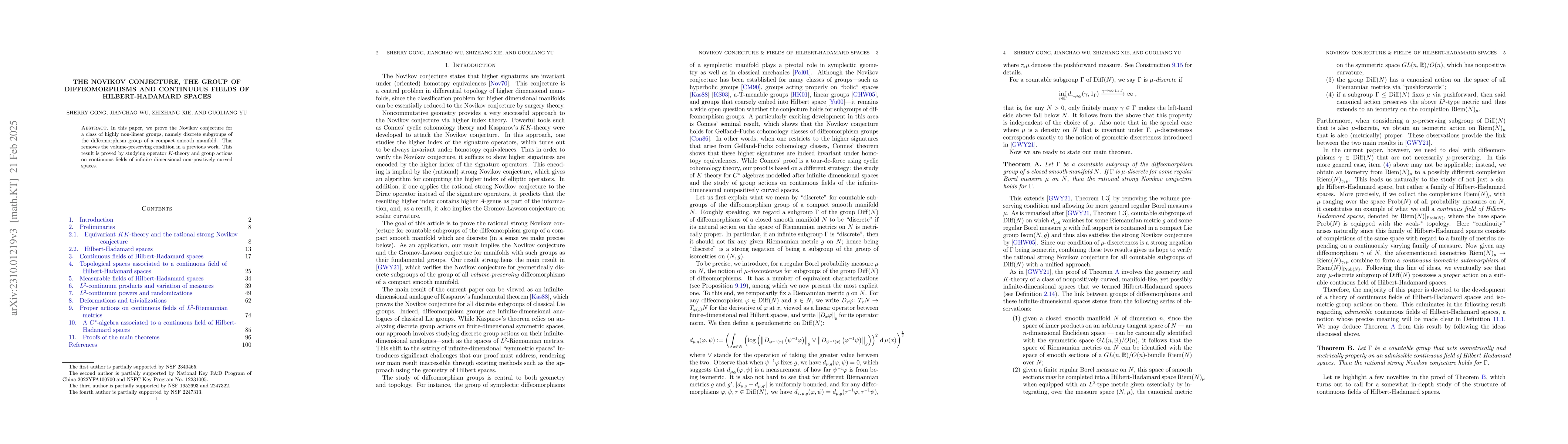 Thumbnail for The Novikov conjecture, the group of diffeomorphisms and continuous
  fields of Hilbert-Hadamard spaces