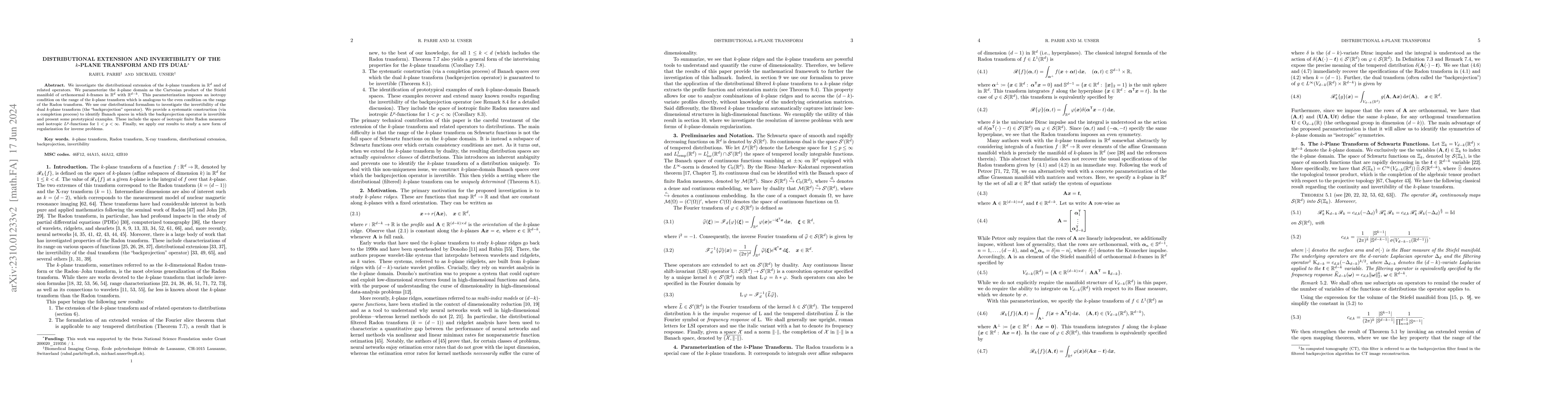 Thumbnail for Distributional Extension and Invertibility of the $k$-Plane Transform
  and Its Dual