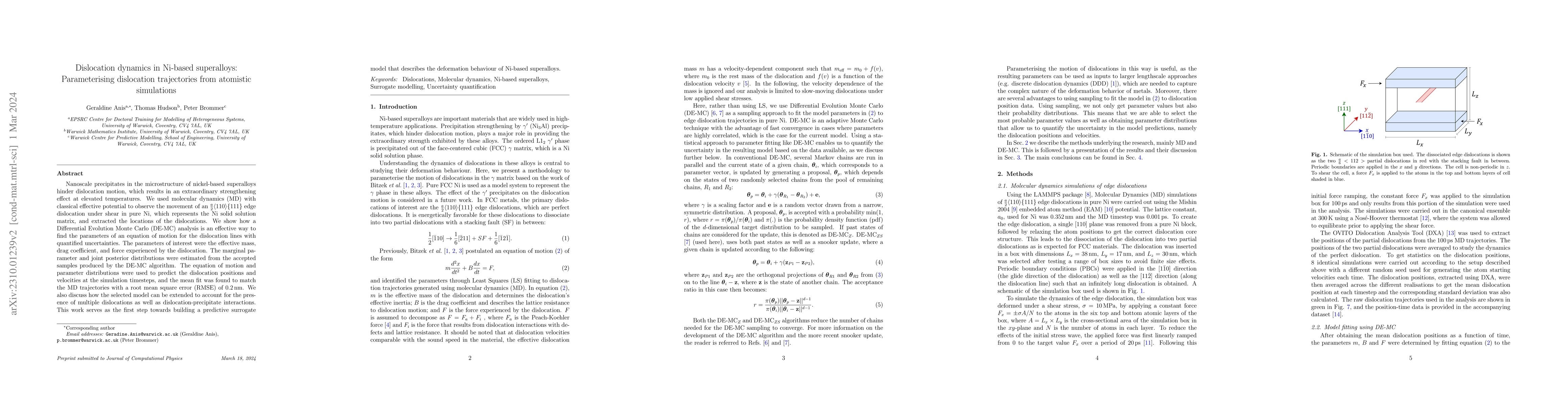 Thumbnail for Dislocation dynamics in Ni-based superalloys: Parameterising dislocation
  trajectories from atomistic simulations