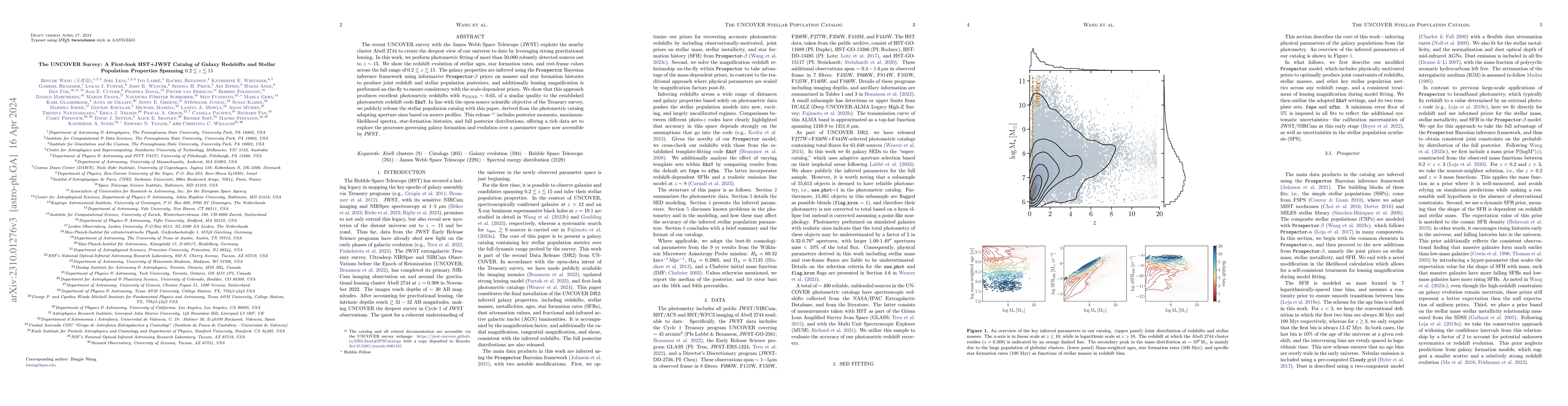 Thumbnail for The UNCOVER Survey: A First-look HST+JWST Catalog of Galaxy Redshifts
  and Stellar Population Properties Spanning $0.2 \lesssim z \lesssim 15$