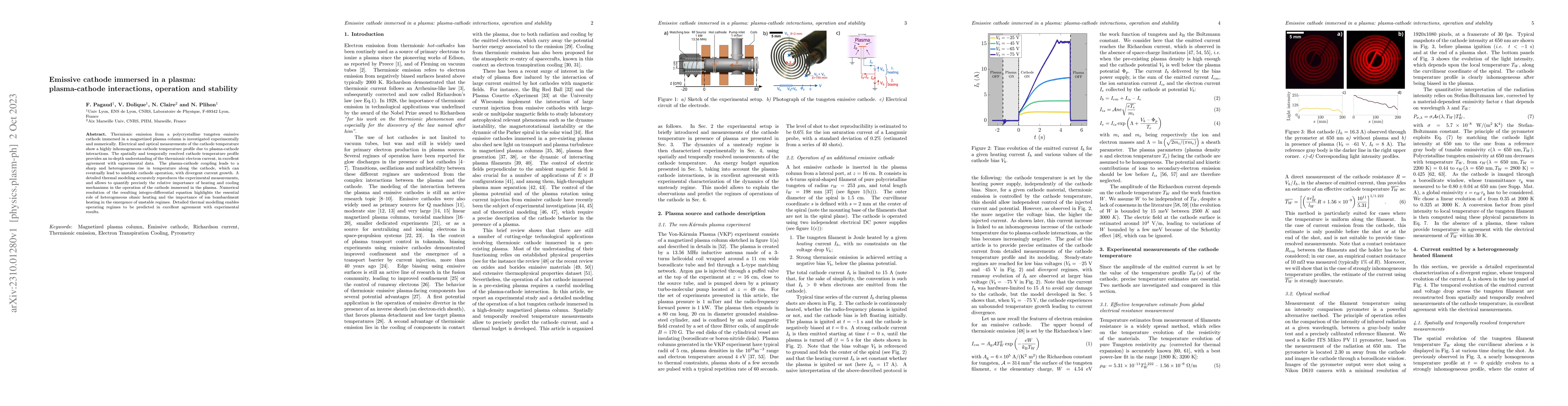 Thumbnail for Emissive cathode immersed in a plasma: plasma-cathode interactions,
  operation and stability