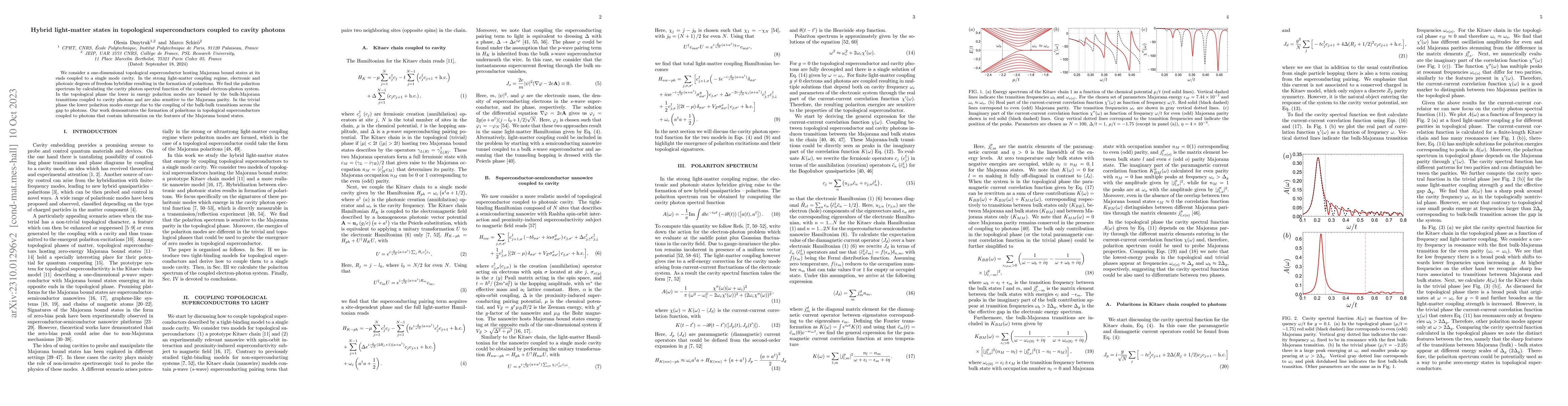 Thumbnail for Hybrid light-matter states in topological superconductors coupled to
  cavity photons