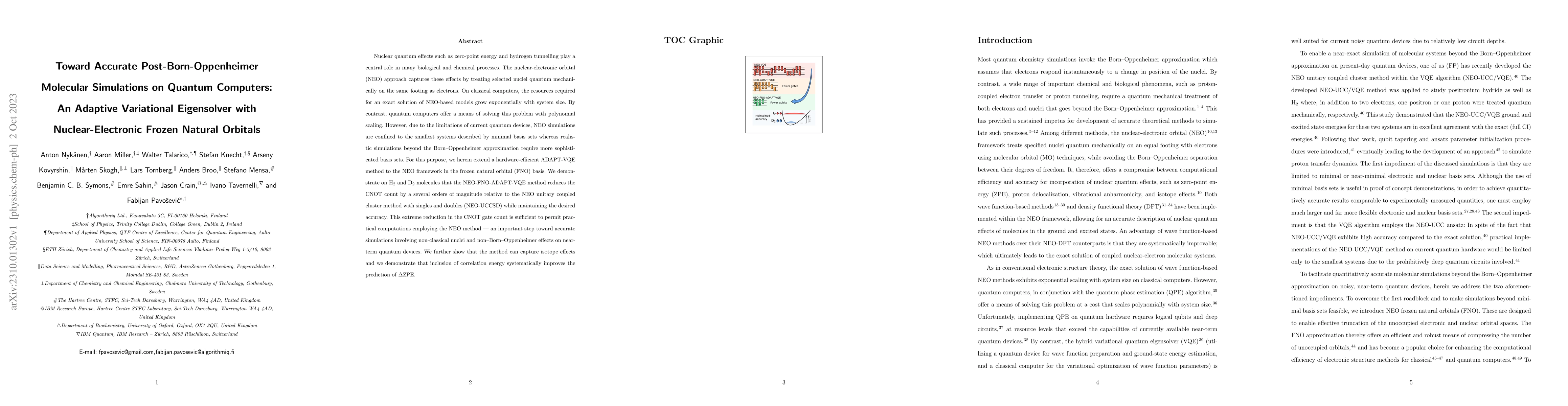 Thumbnail for Toward Accurate Post-Born-Oppenheimer Molecular Simulations on Quantum
  Computers: An Adaptive Variational Eigensolver with Nuclear-Electronic Frozen
  Natural Orbitals