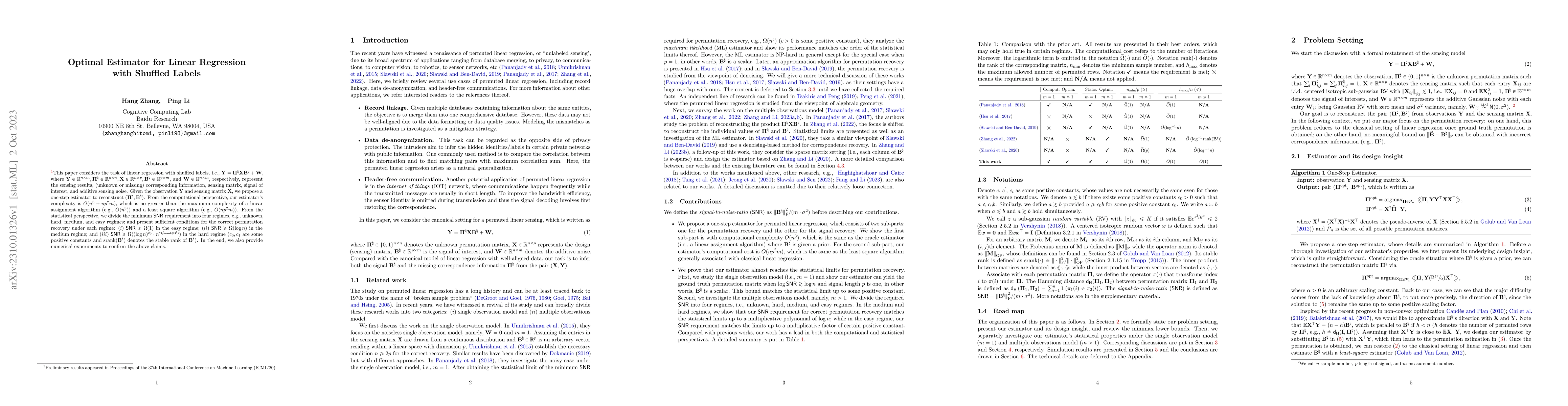 Thumbnail for Optimal Estimator for Linear Regression with Shuffled Labels