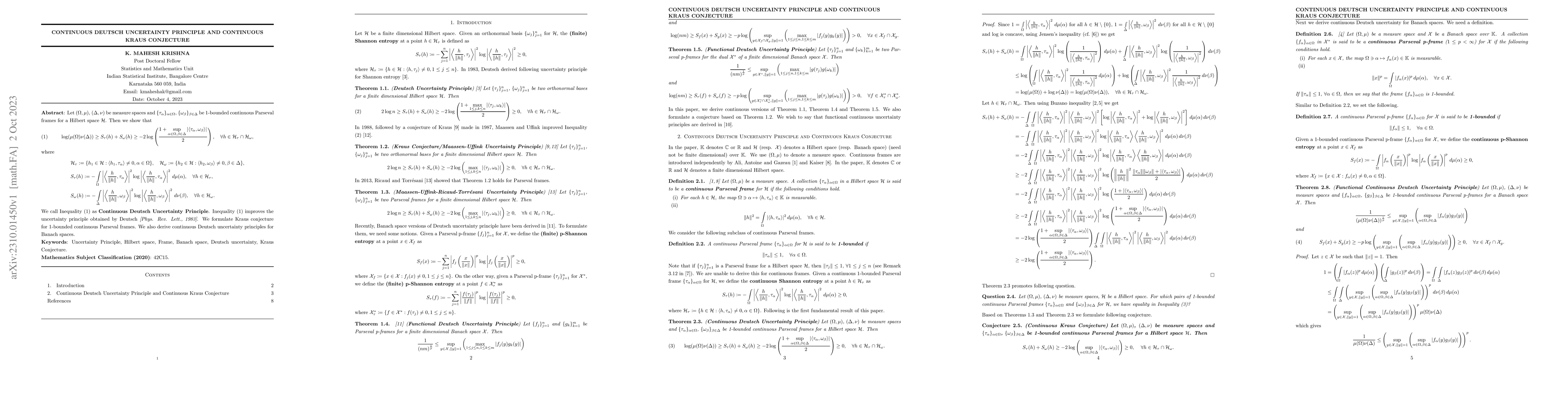 Thumbnail for Continuous Deutsch Uncertainty Principle and Continuous Kraus Conjecture