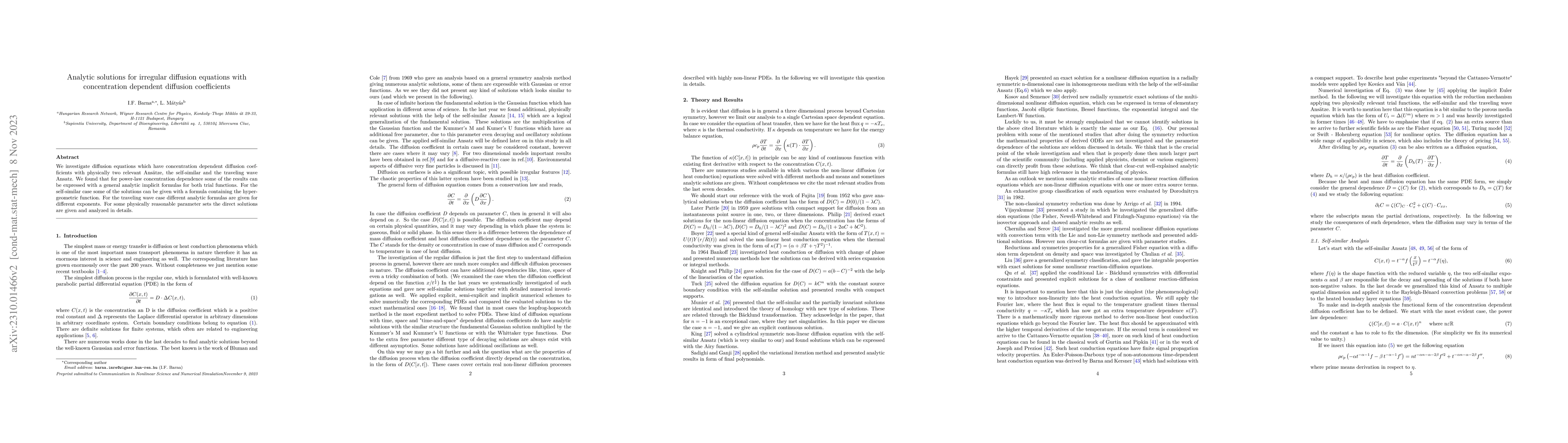Thumbnail for Analytic solutions for irregular diffusion equations with concentration
  dependent diffusion coefficients