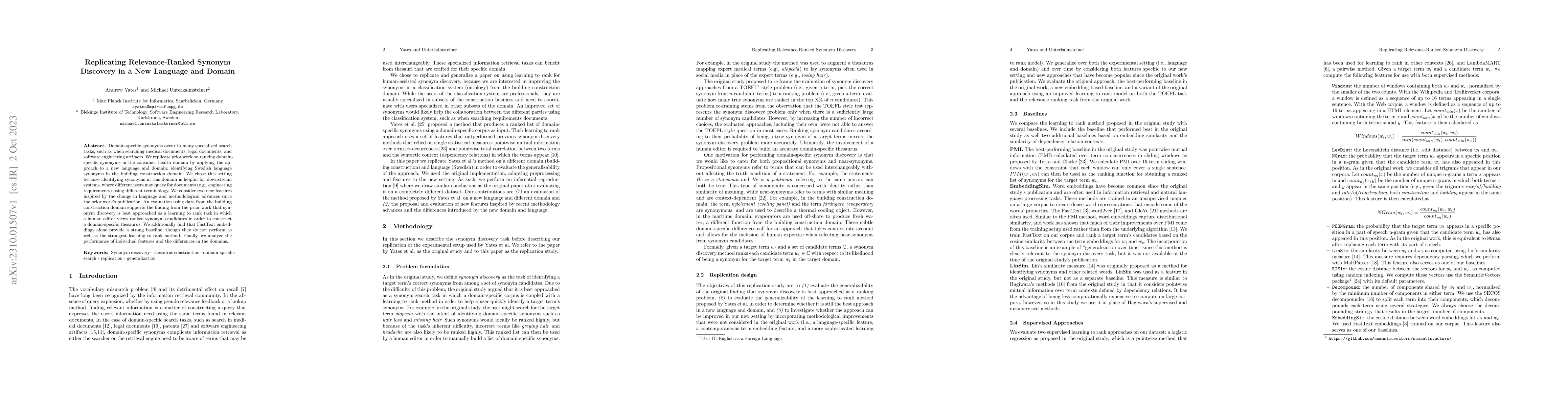 Thumbnail for Replicating Relevance-Ranked Synonym Discovery in a New Language and
  Domain