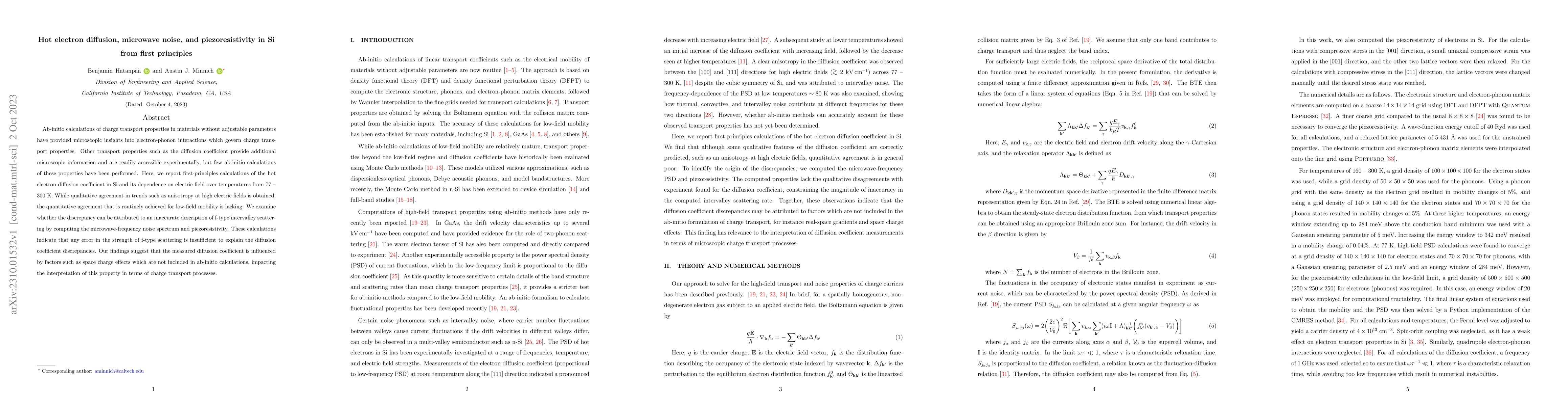 Thumbnail for Hot electron diffusion, microwave noise, and piezoresistivity in Si from
  first principles