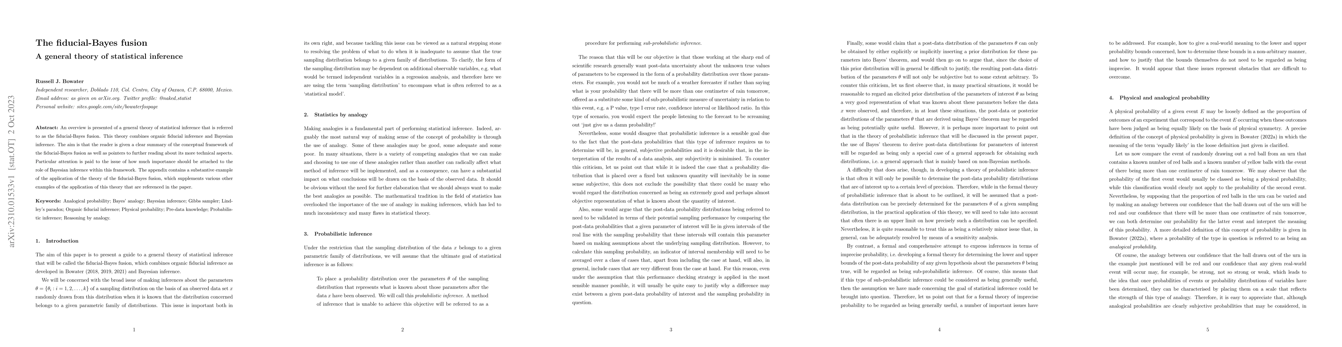 Thumbnail for The fiducial-Bayes fusion: A general theory of statistical inference