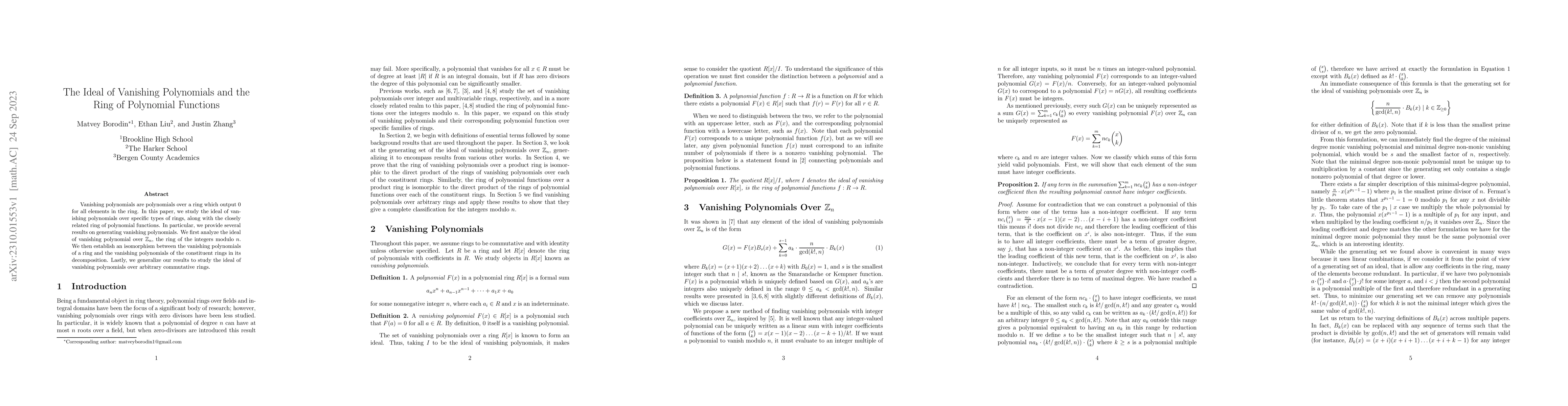 Thumbnail for The Ideal of Vanishing Polynomials and the Ring of Polynomial Functions
