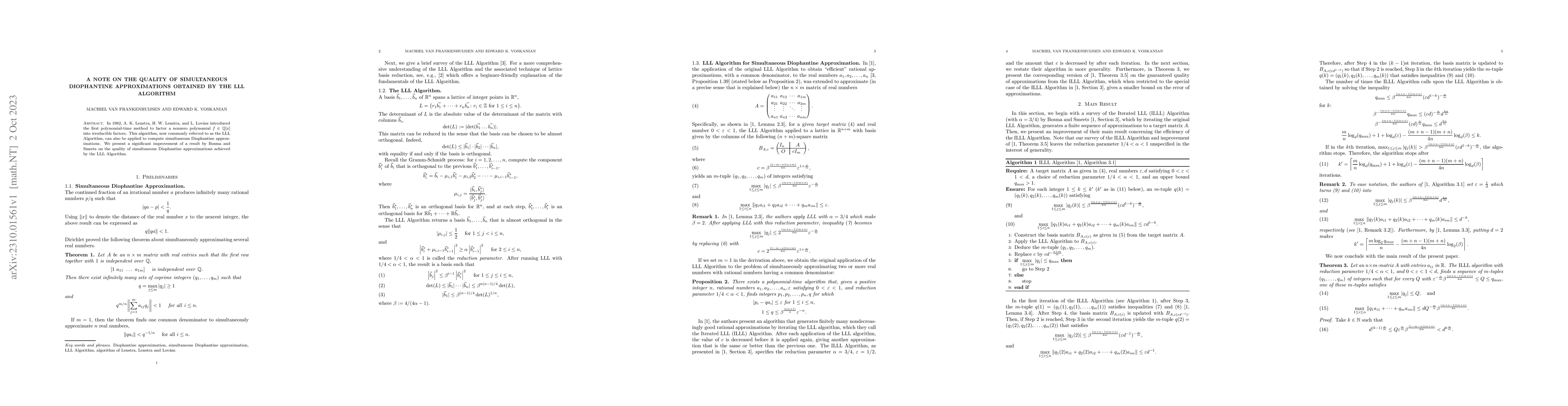 Thumbnail for A note on the quality of simultaneous Diophantine approximations
  obtained by the LLL algorithm