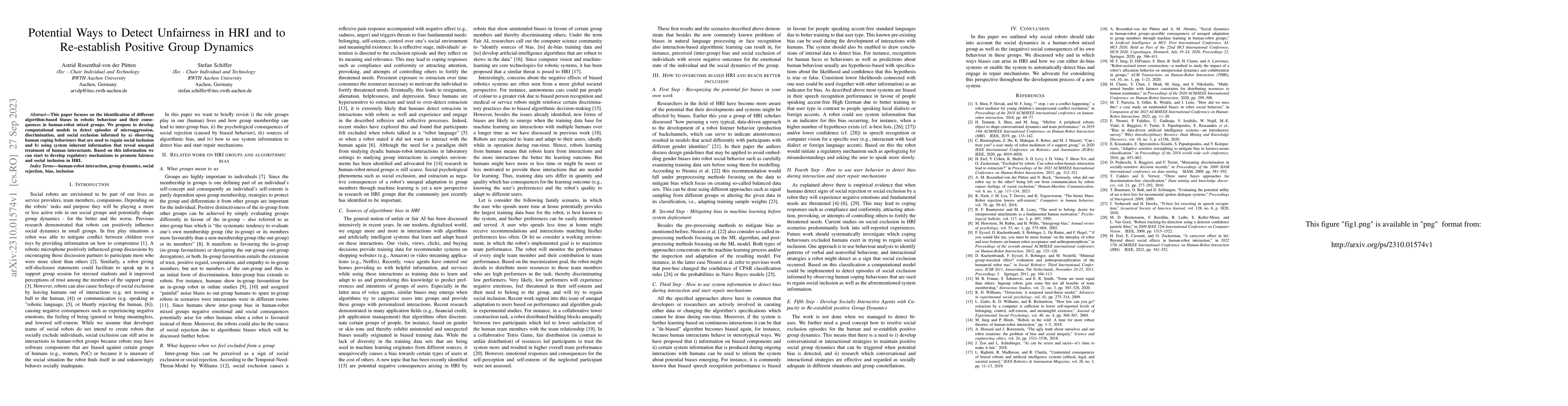 Thumbnail for Potential Ways to Detect Unfairness in HRI and to Re-establish Positive
  Group Dynamics