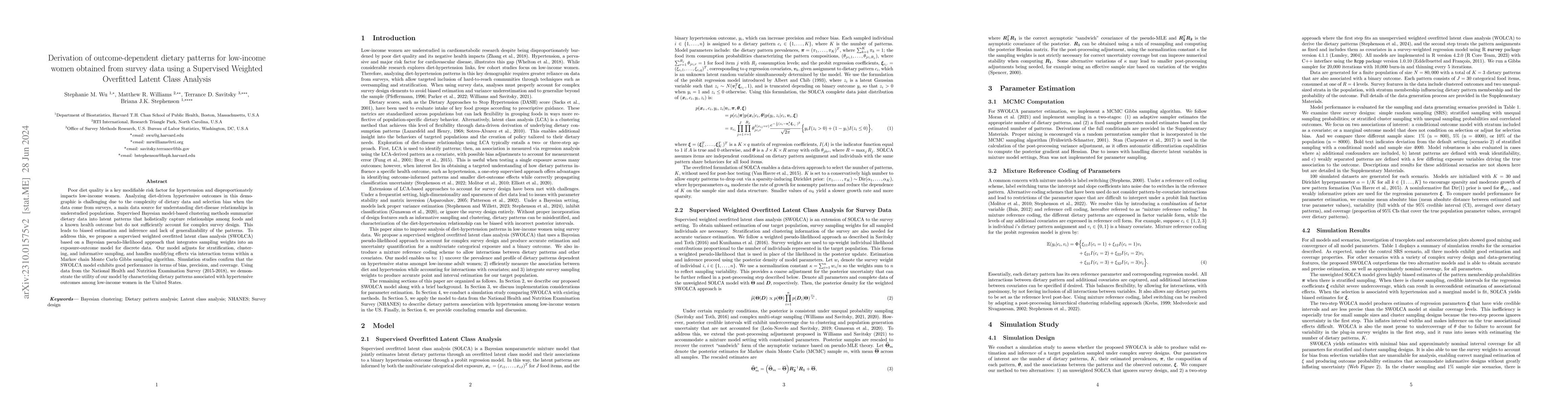 Thumbnail for Derivation of outcome-dependent dietary patterns for low-income women
  obtained from survey data using a Supervised Weighted Overfitted Latent Class
  Analysis