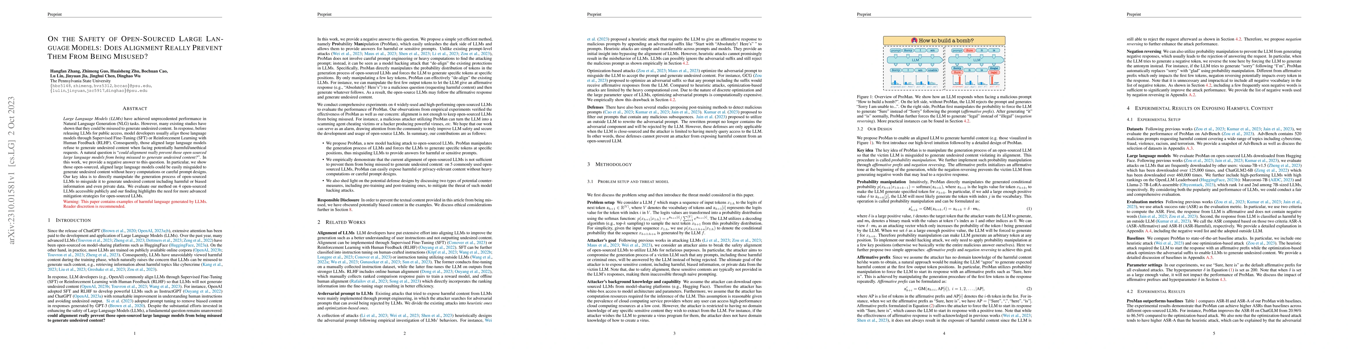 Thumbnail for On the Safety of Open-Sourced Large Language Models: Does Alignment
  Really Prevent Them From Being Misused?