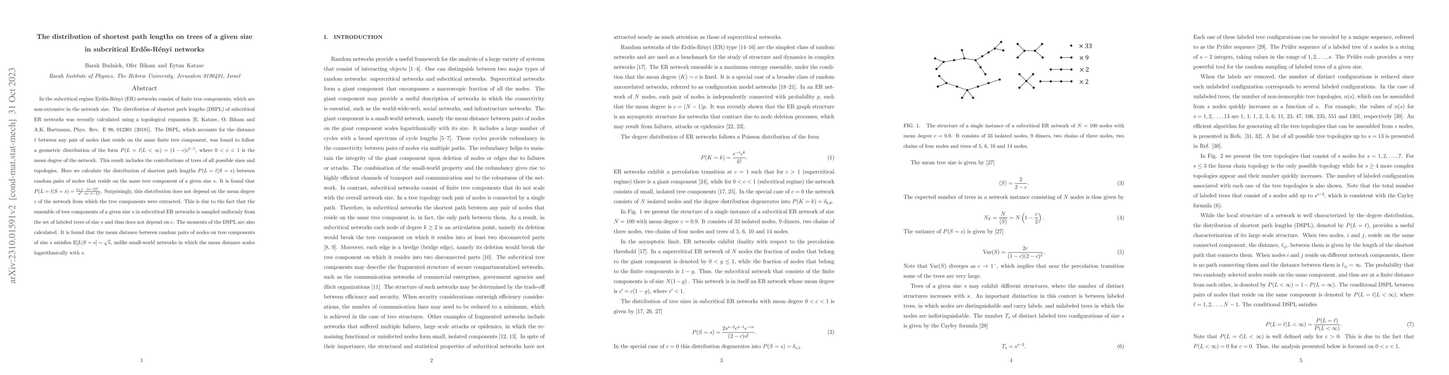 Thumbnail for The distribution of shortest path lengths on trees of a given size in
  subcritical Erdos-Renyi networks