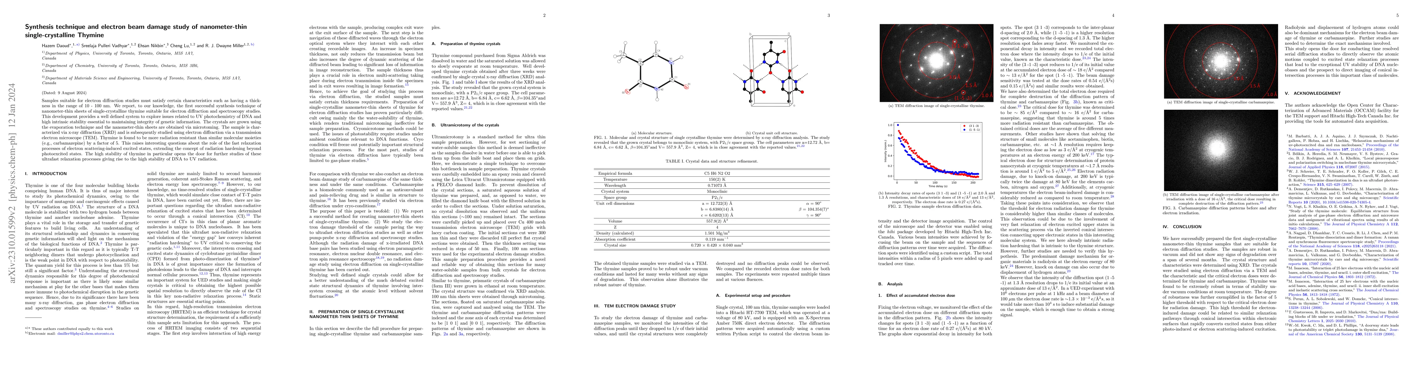 Thumbnail for Synthesis technique and electron beam damage study of nanometer-thin
  single-crystalline Thymine