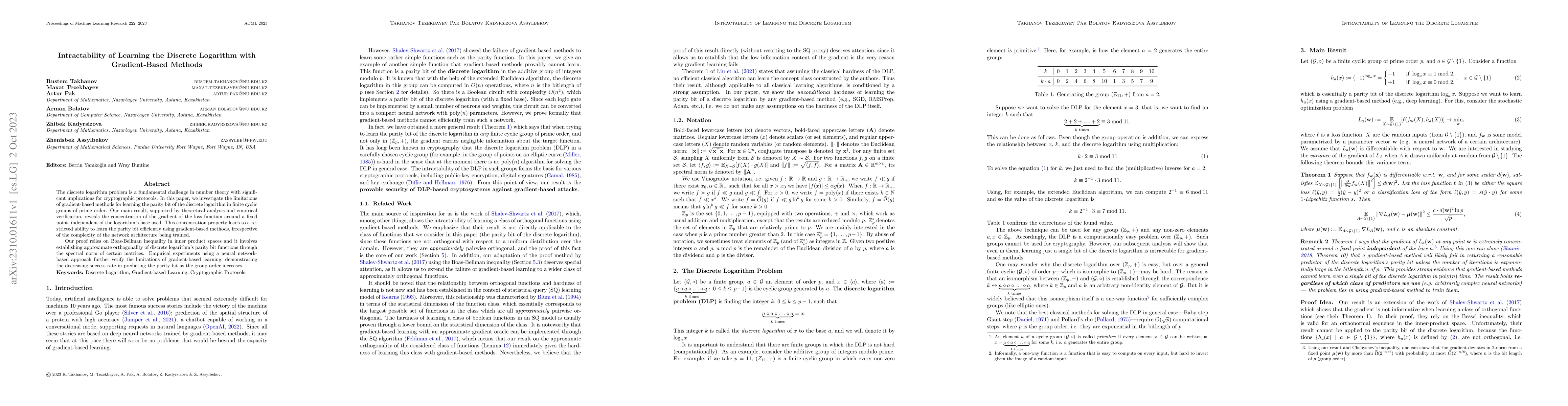 Thumbnail for Intractability of Learning the Discrete Logarithm with Gradient-Based
  Methods