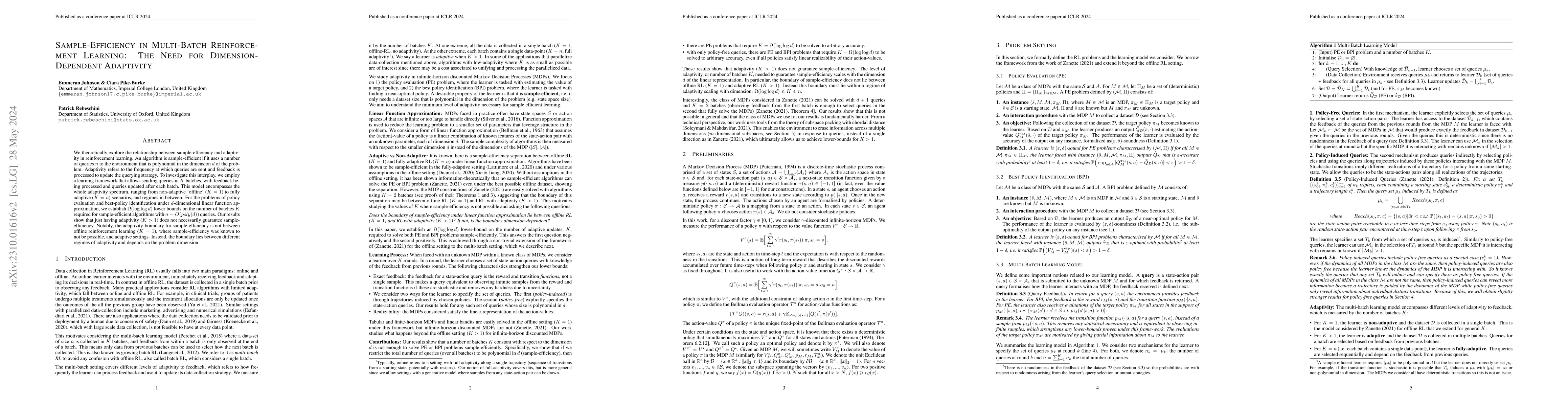 Thumbnail for Sample-Efficiency in Multi-Batch Reinforcement Learning: The Need for
  Dimension-Dependent Adaptivity