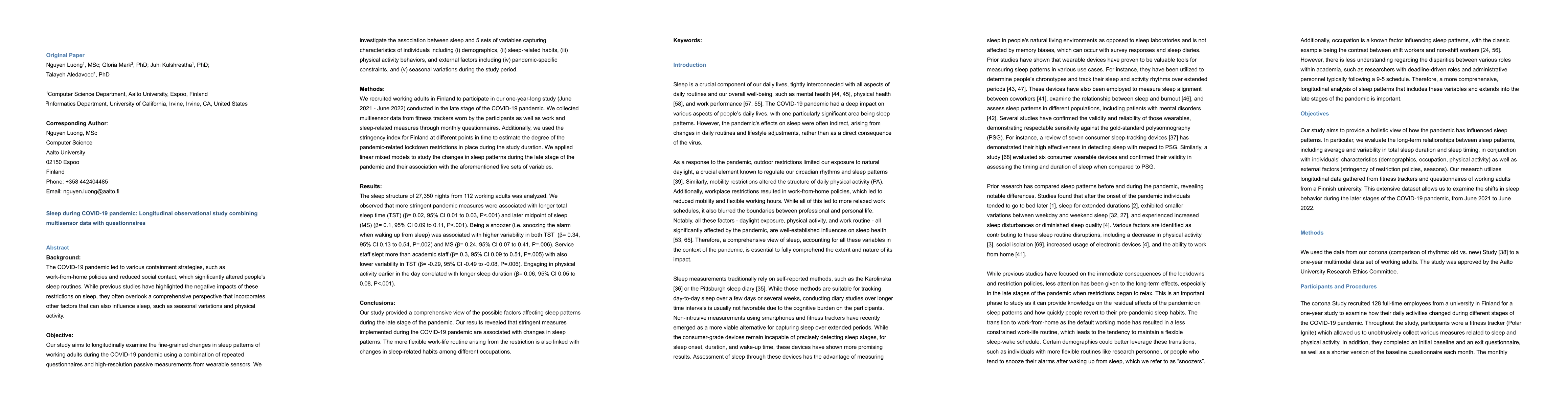 Thumbnail for Sleep during COVID-19 pandemic: Longitudinal observational study
  combining multisensor data with questionnaires