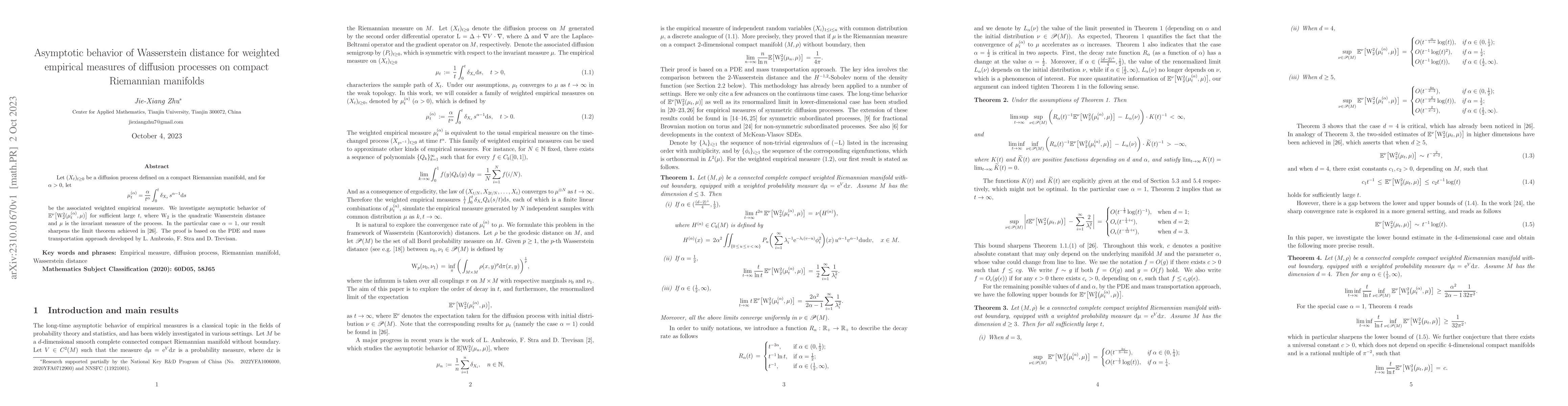 Thumbnail for Asymptotic behavior of Wasserstein distance for weighted empirical
  measures of diffusion processes on compact Riemannian manifolds
