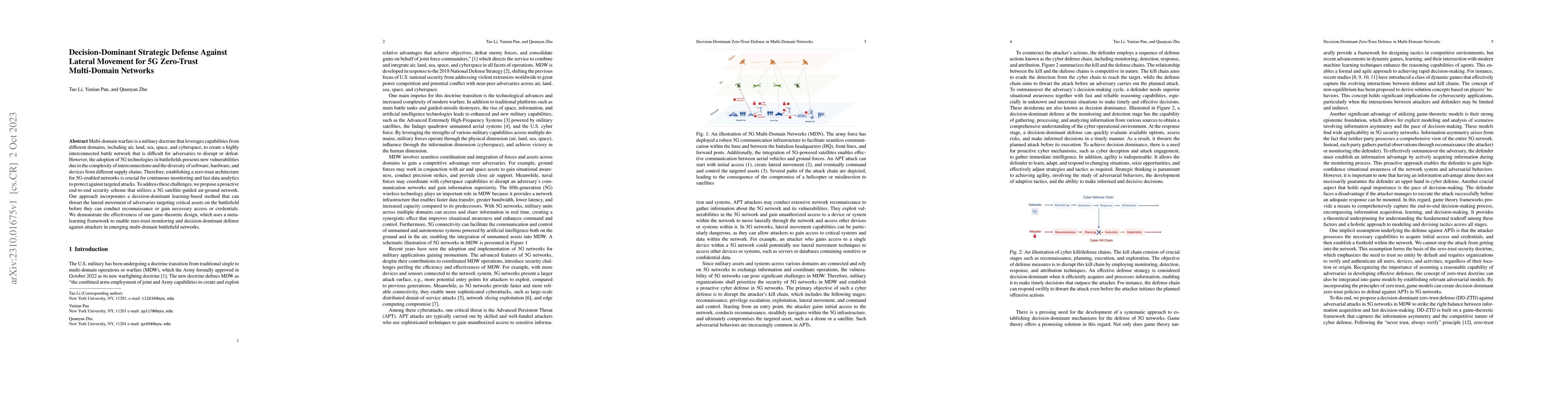 Thumbnail for Decision-Dominant Strategic Defense Against Lateral Movement for 5G
  Zero-Trust Multi-Domain Networks