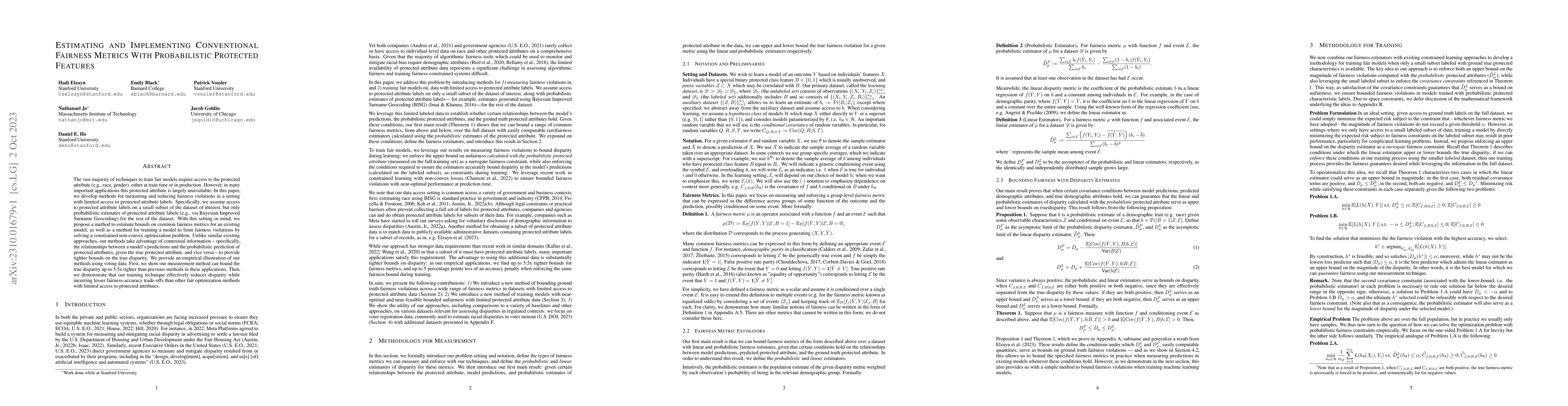 Thumbnail for Estimating and Implementing Conventional Fairness Metrics With
  Probabilistic Protected Features