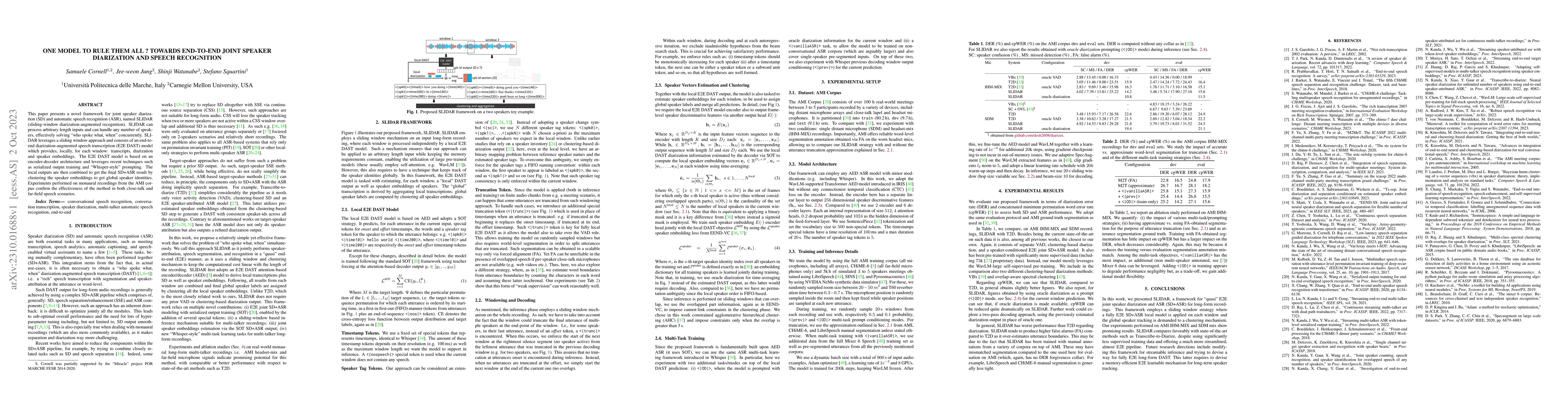 Thumbnail for One model to rule them all ? Towards End-to-End Joint Speaker
  Diarization and Speech Recognition