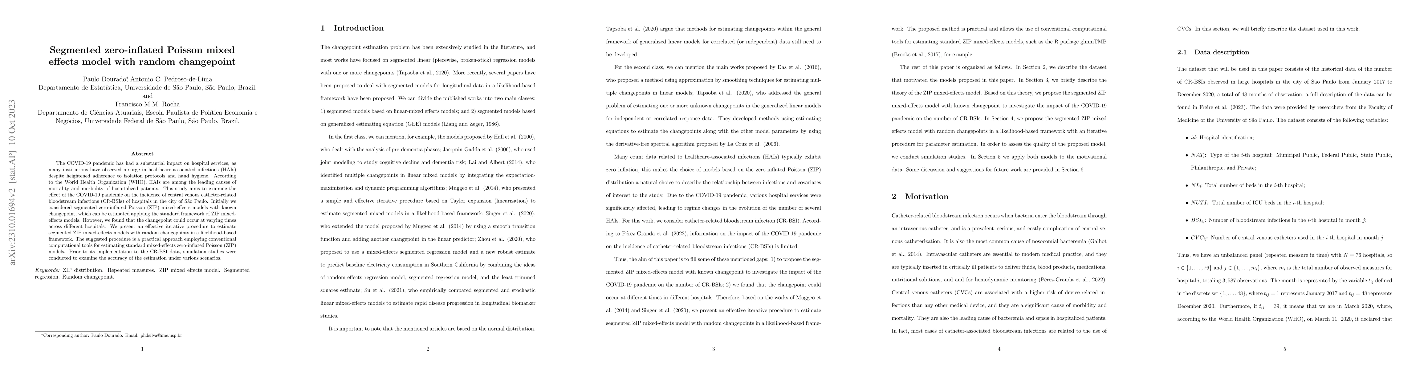Thumbnail for Segmented zero-inflated Poisson mixed effects model with random
  changepoint