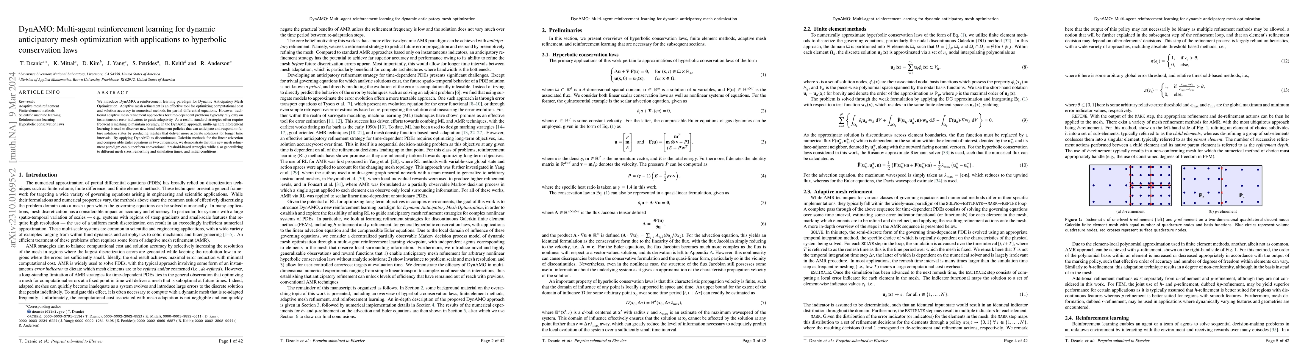 Thumbnail for DynAMO: Multi-agent reinforcement learning for dynamic anticipatory mesh
  optimization with applications to hyperbolic conservation laws
