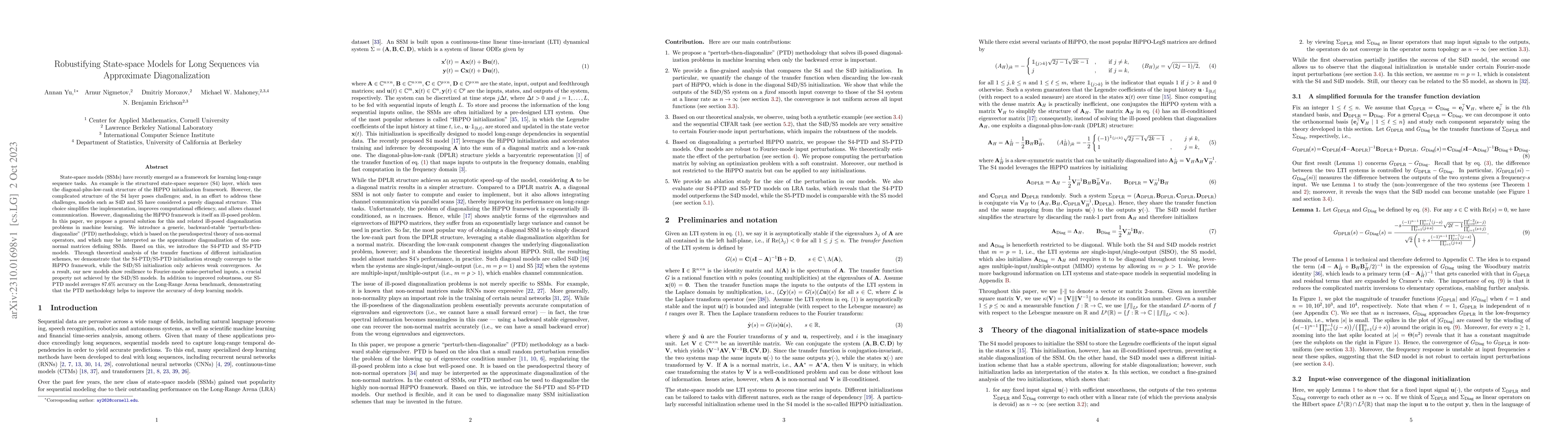 Thumbnail for Robustifying State-space Models for Long Sequences via Approximate
  Diagonalization