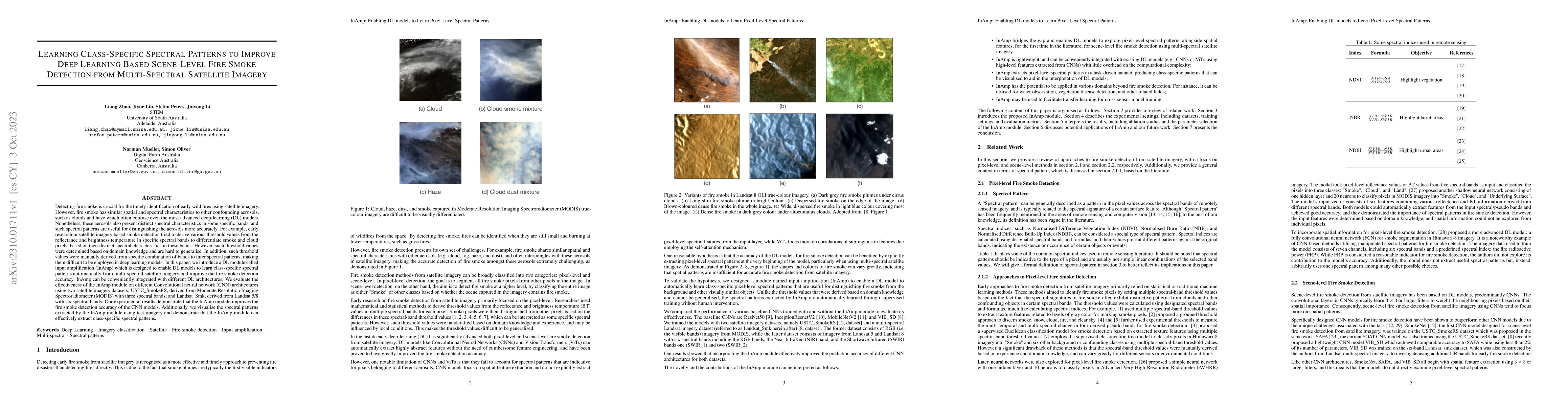 Thumbnail for Learning Class-Specific Spectral Patterns to Improve Deep Learning Based
  Scene-Level Fire Smoke Detection from Multi-Spectral Satellite Imagery