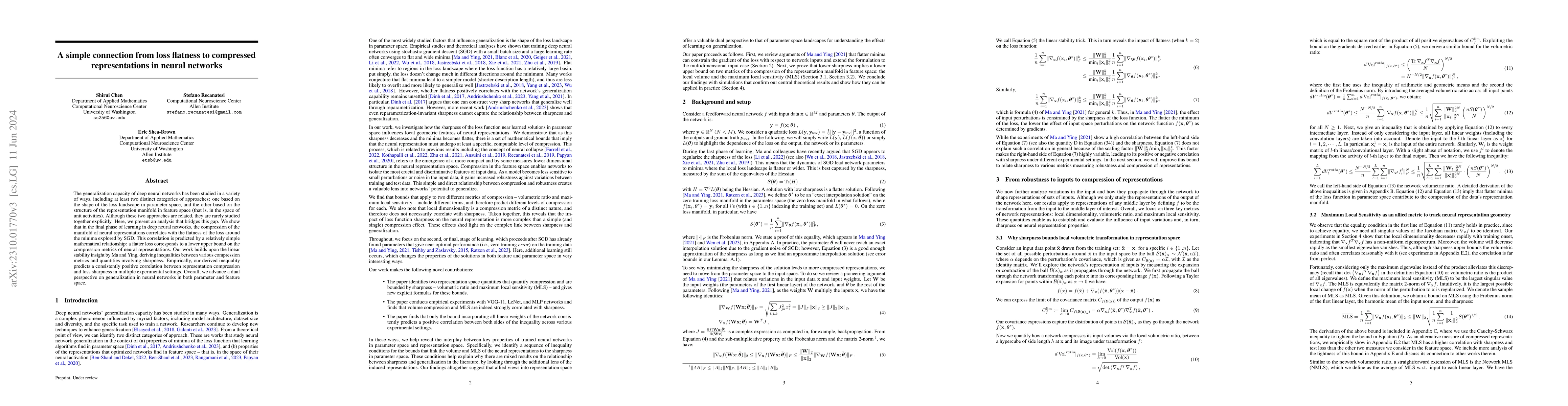 Thumbnail for A simple connection from loss flatness to compressed representations in
  neural networks