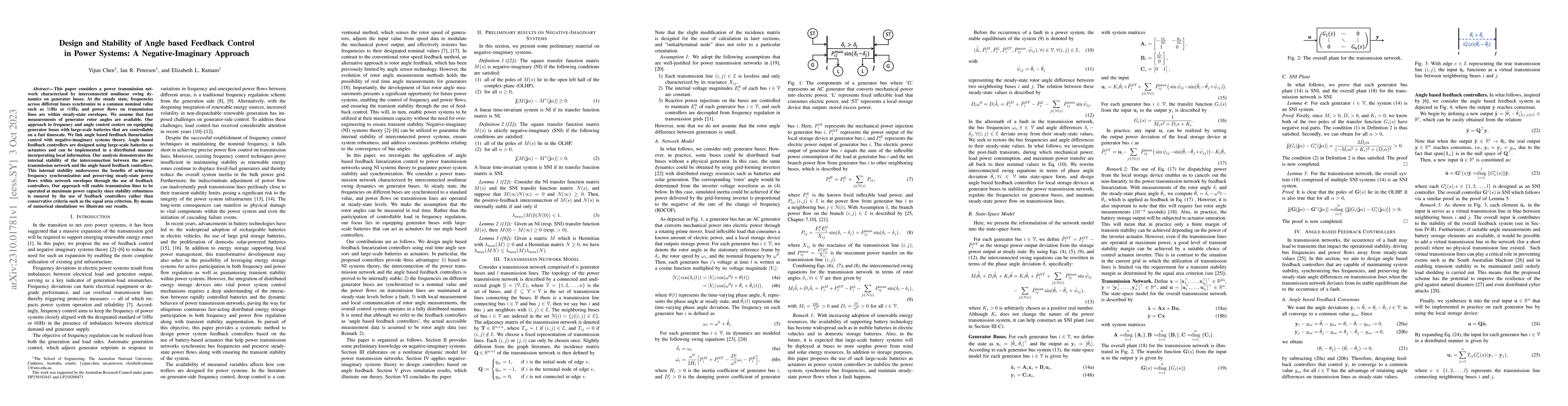 Thumbnail for Design and Stability of Angle based Feedback Control in Power Systems: A
  Negative-Imaginary Approach