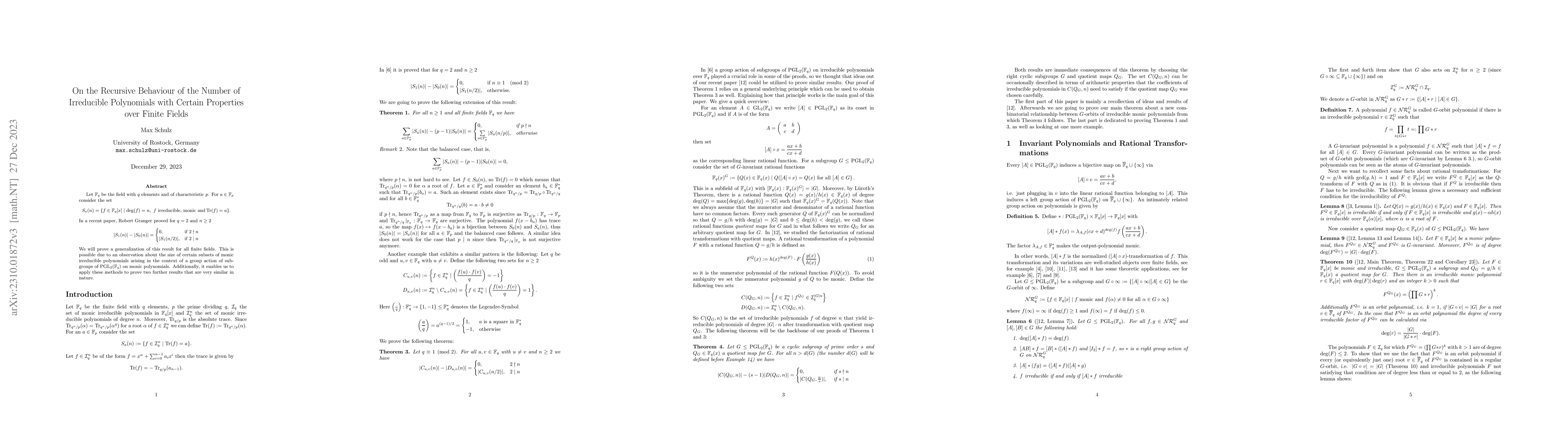 Thumbnail for On the Recursive Behaviour of the Number of Irreducible Polynomials with
  Certain Properties over Finite Fields