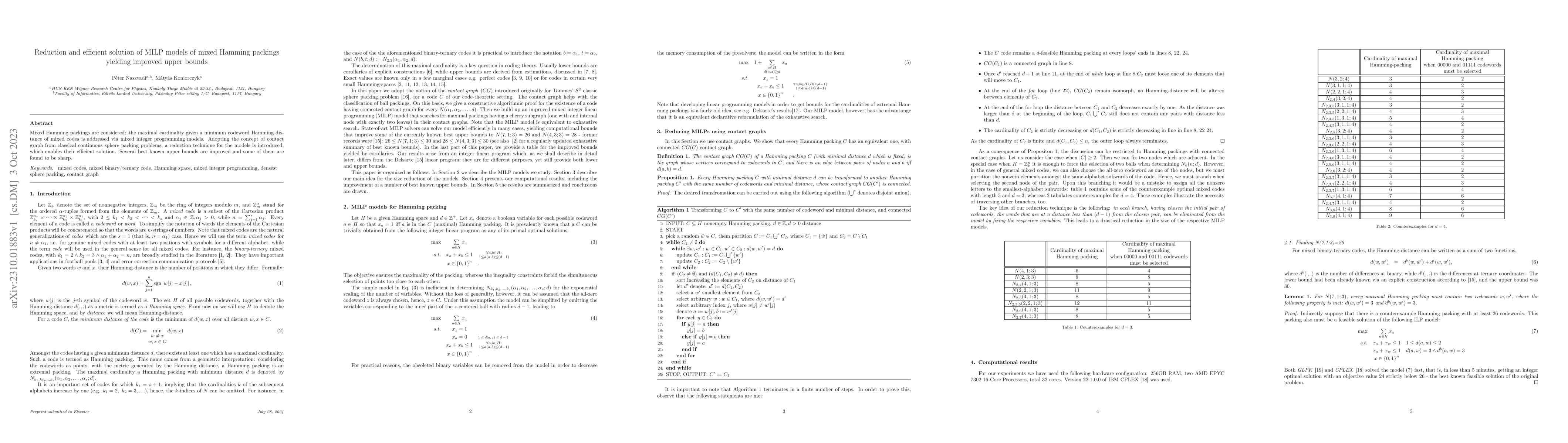Thumbnail for Reduction and efficient solution of MILP models of mixed Hamming
  packings yielding improved upper bounds