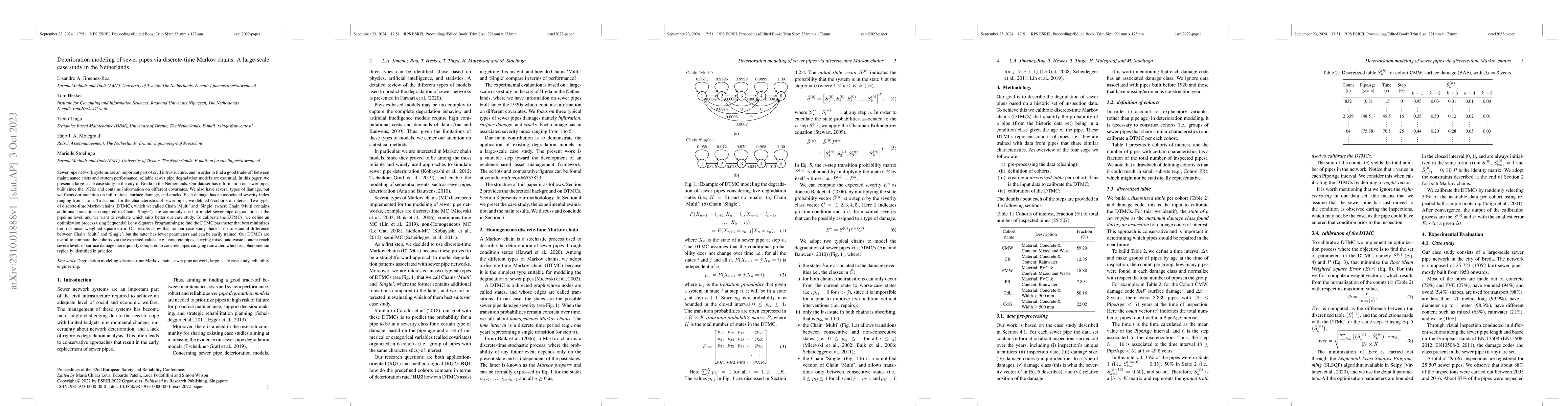 Thumbnail for Deterioration modeling of sewer pipes via discrete-time Markov chains: A
  large-scale case study in the Netherlands