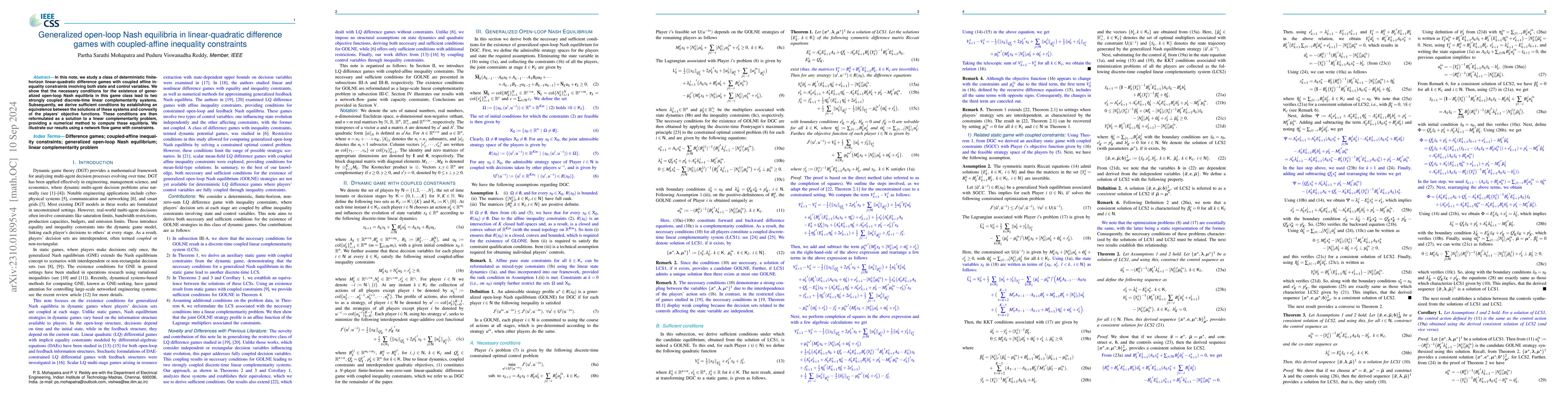 Thumbnail for Generalized open-loop Nash equilibria in linear-quadratic difference
  games with coupled-affine inequality constraints
