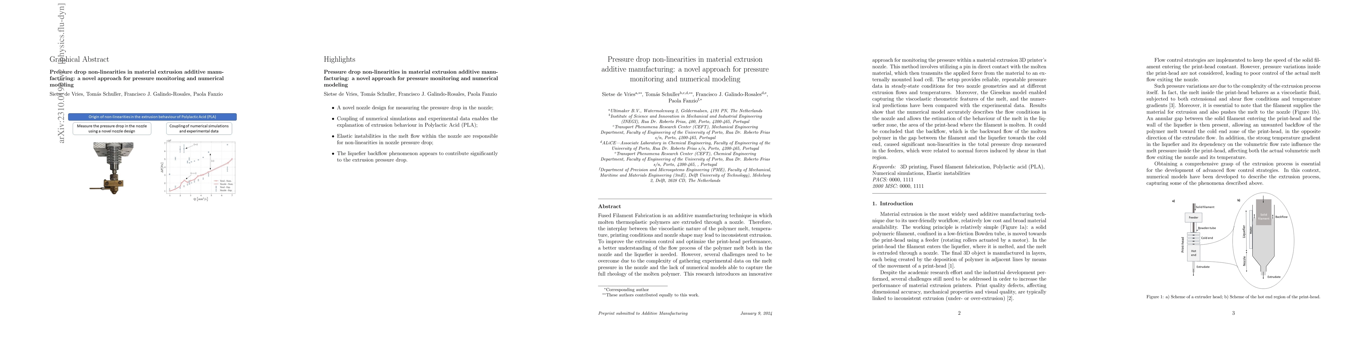 Thumbnail for Pressure drop non-linearities in material extrusion additive
  manufacturing: a novel approach for pressure monitoring and numerical
  modeling