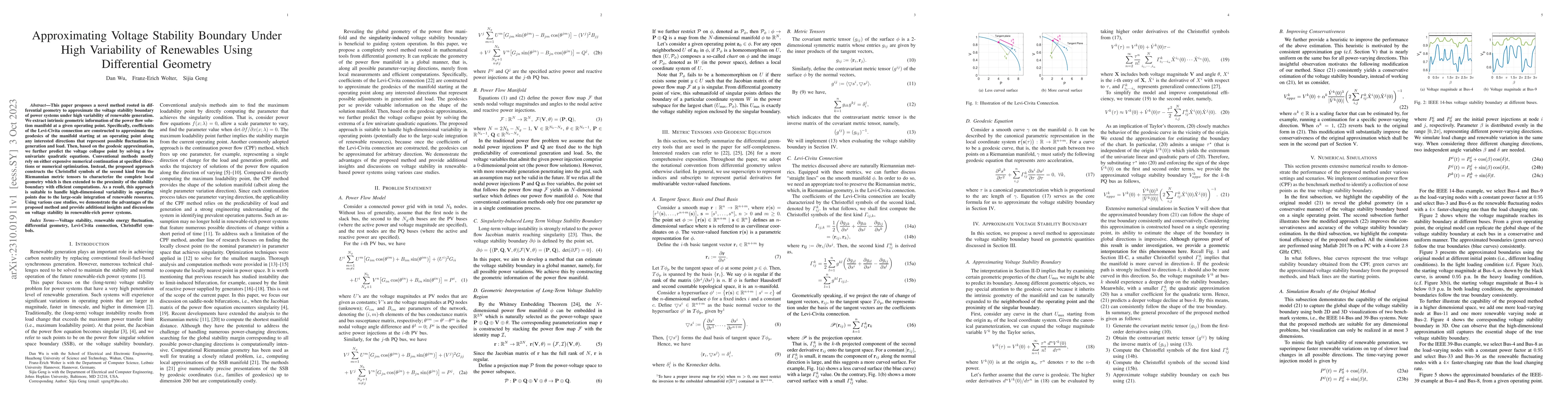 Thumbnail for Approximating Voltage Stability Boundary Under High Variability of
  Renewables Using Differential Geometry