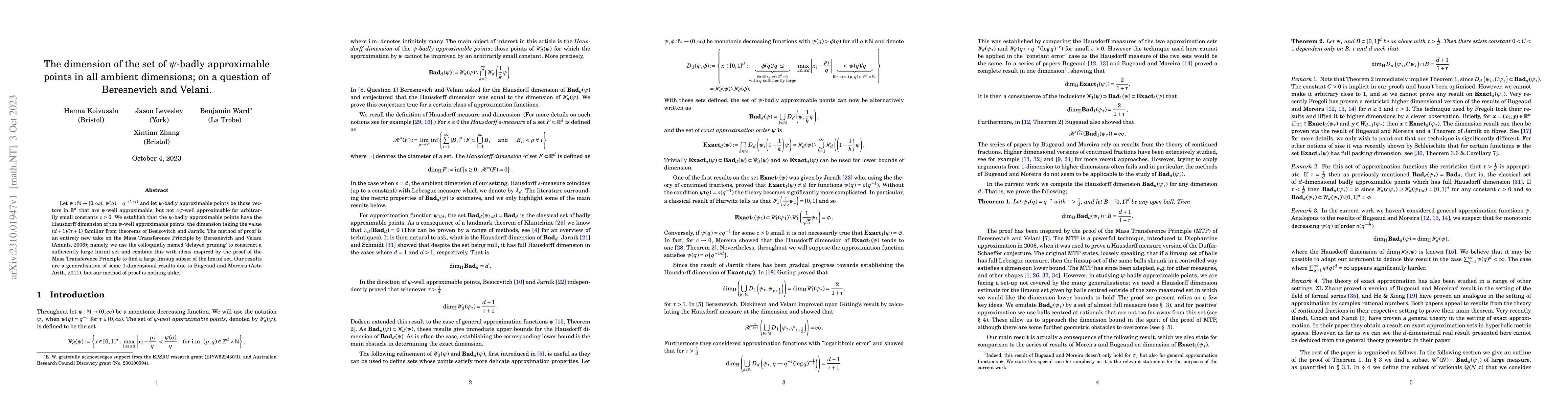Thumbnail for The dimension of the set of $\psi$-badly approximable points in all
  ambient dimensions; on a question of Beresnevich and Velani