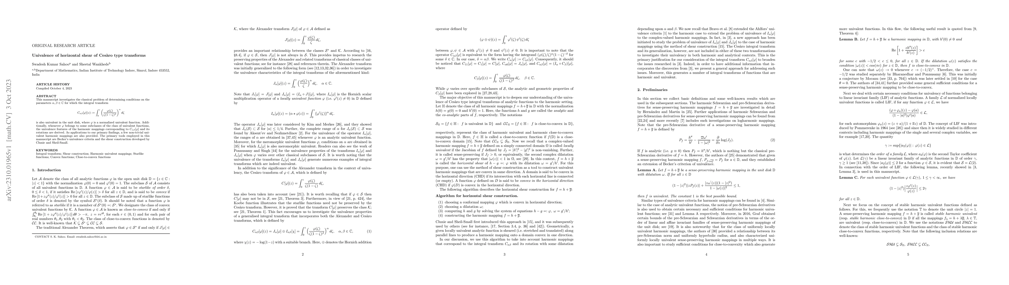 Thumbnail for Univalence of horizontal shear of Ces\`aro type transforms