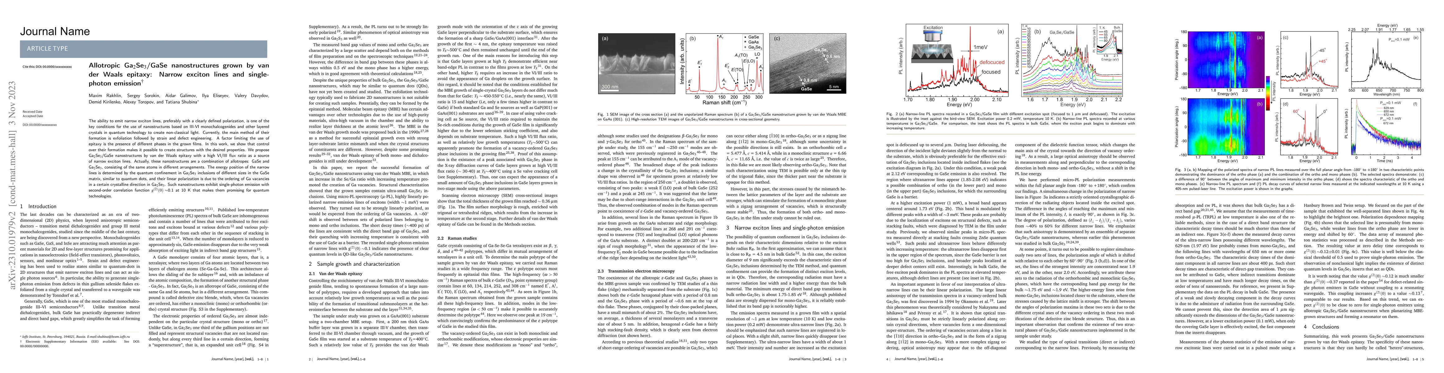Thumbnail for Allotropic Ga$_2$Se$_3$/GaSe nanostructures grown by van der Waals
  epitaxy: Narrow exciton lines and single-photon emission